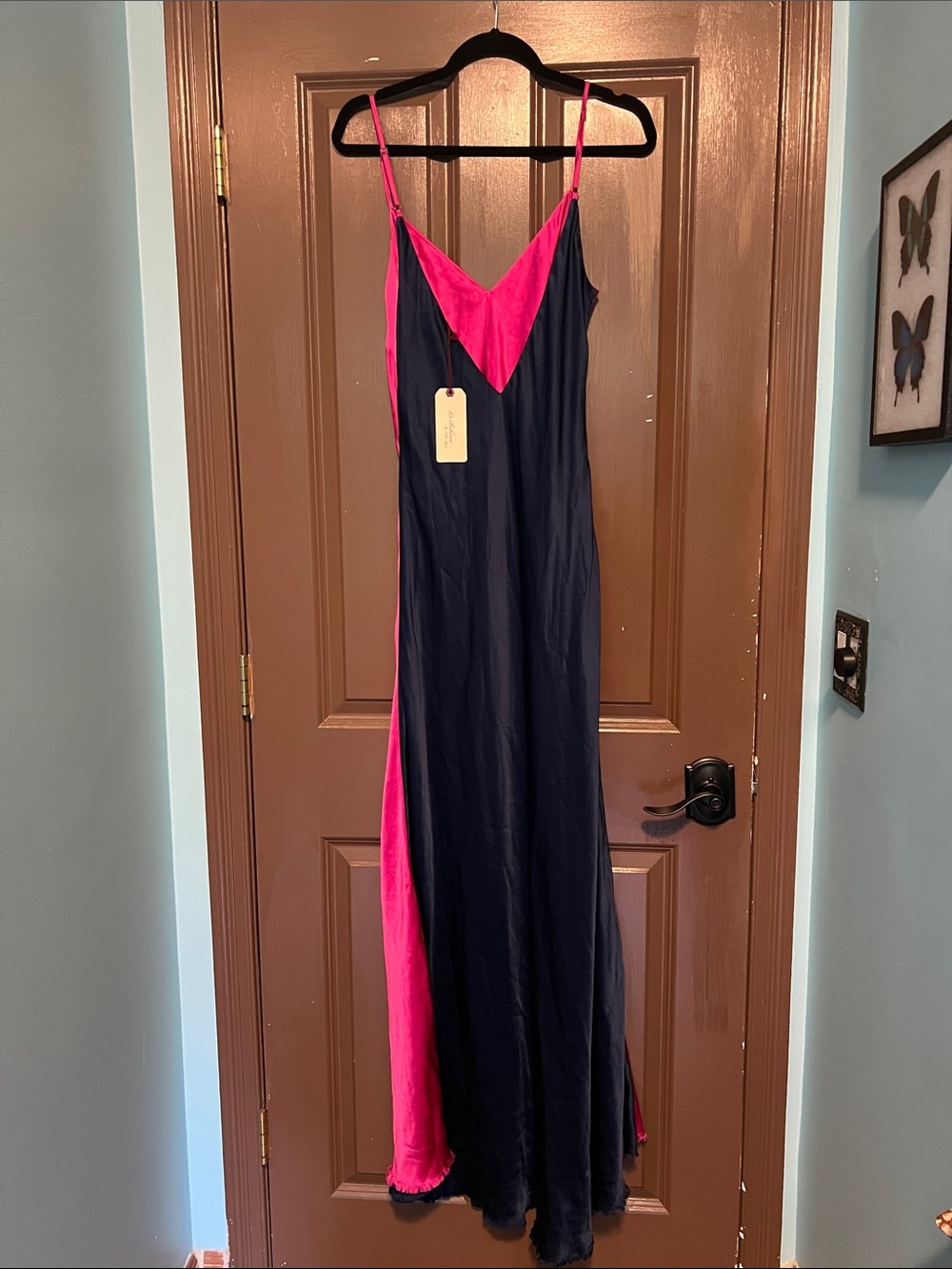 La Boheme Navy and Hot Pink Silk Slip Dress Women's V-Neck Maxi M